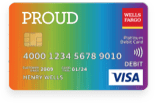 The word PROUD over a rainbow inspired background