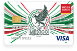 Illustration of a white card with the Mexican National Team crest in the middle, with green and red lines coming out of it towards the sides.
