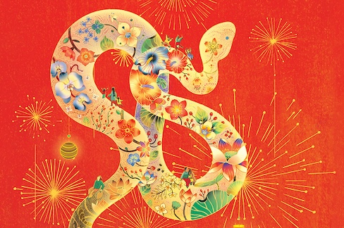 A snake with flower pattern skin and fireworks going off in a orange/yellow background