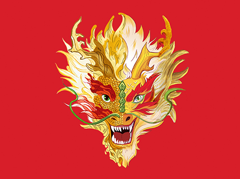 Illustrated Lunar New Year dragon head on red background.