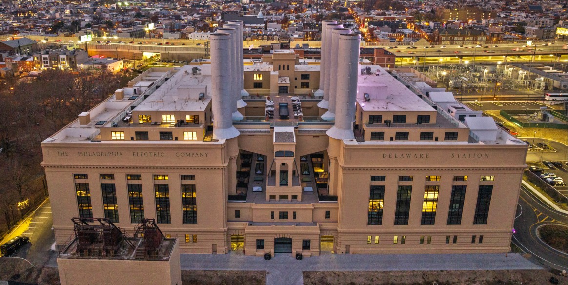 Aerial view of The Battery, a former power plant converted into a mixed-use, multifamily apartment building